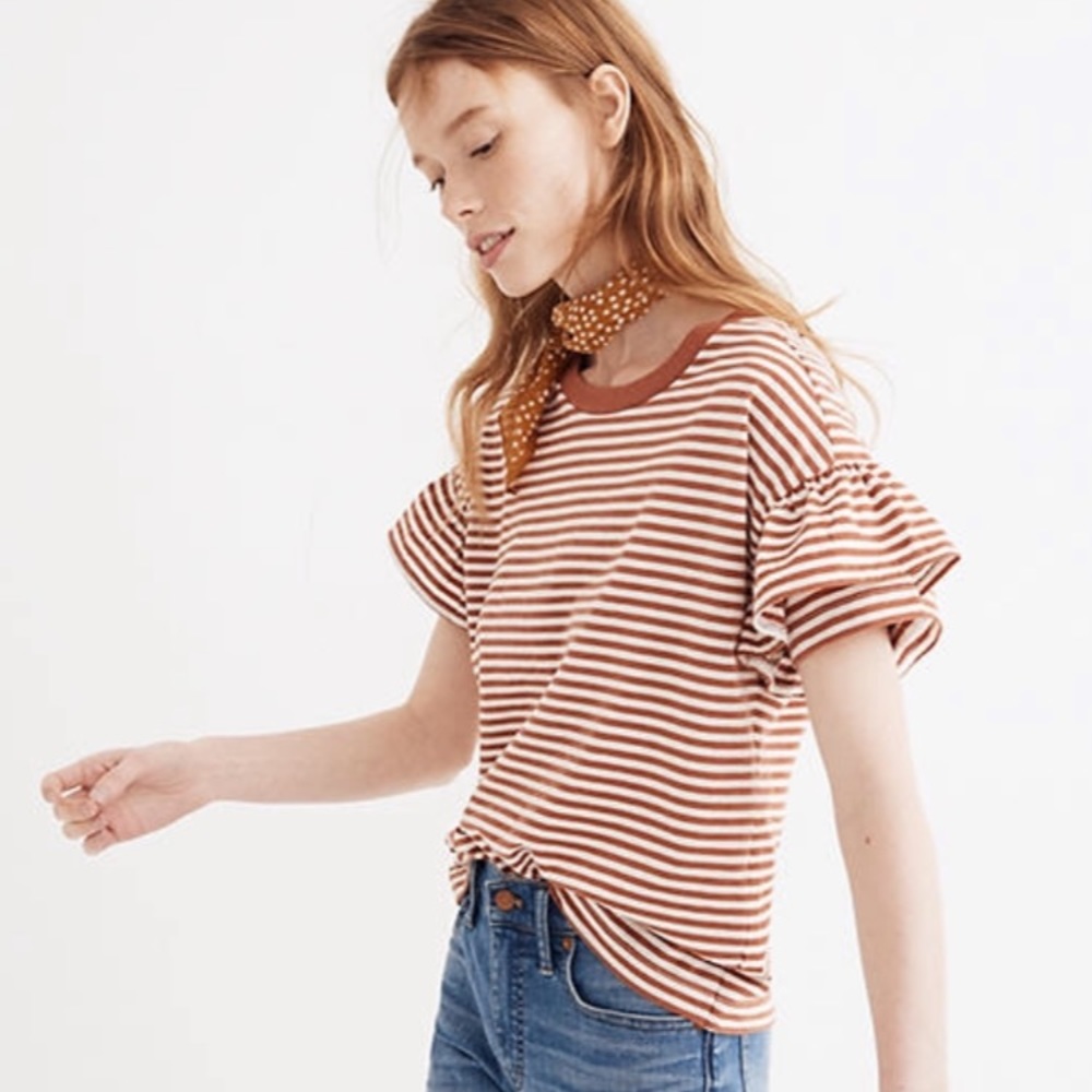 EUC Madewell Ruffle Sleeve Striped Tee Sz Sm